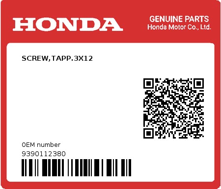 Product image: Honda - 9390112380 - SCREW,TAPP.3X12  0