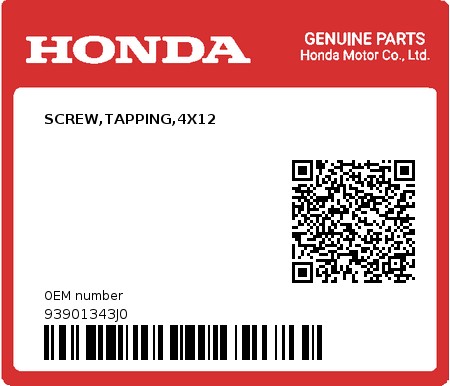 Product image: Honda - 93901343J0 - SCREW,TAPPING,4X12  0