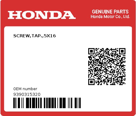 Product image: Honda - 9390315320 - SCREW,TAP.,5X16  0