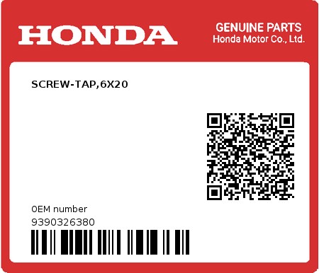 Product image: Honda - 9390326380 - SCREW-TAP,6X20  0