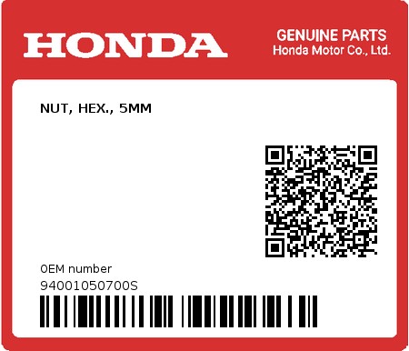 Product image: Honda - 94001050700S - NUT, HEX., 5MM  0