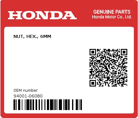 Product image: Honda - 94001-06080 - NUT, HEX., 6MM  0