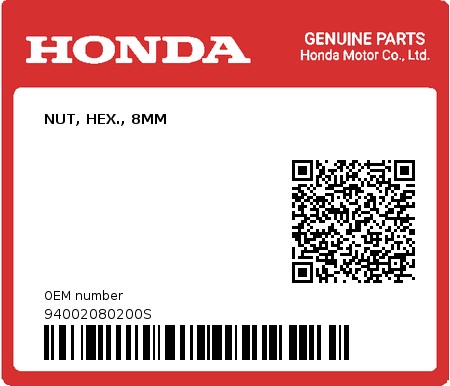 Product image: Honda - 94002080200S - NUT, HEX., 8MM  0