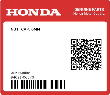 Product image: Honda - 94021-06070 - NUT, CAP, 6MM  0