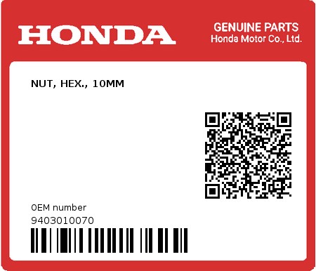 Product image: Honda - 9403010070 - NUT, HEX., 10MM  0