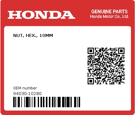 Product image: Honda - 94030-10280 - NUT, HEX., 10MM  0