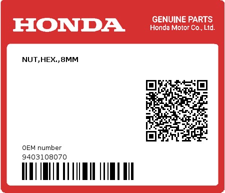 Product image: Honda - 9403108070 - NUT,HEX.,8MM  0