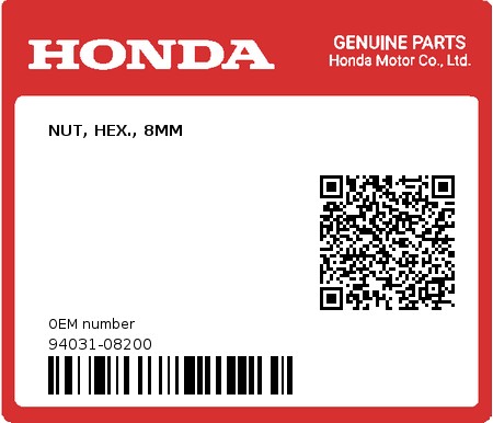 Product image: Honda - 94031-08200 - NUT, HEX., 8MM  0