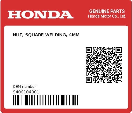 Product image: Honda - 9406104001 - NUT, SQUARE WELDING, 4MM  0