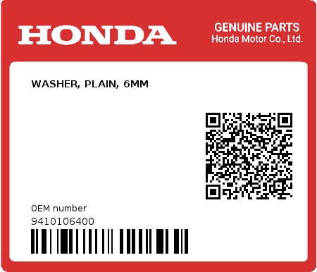 Product image: Honda - 9410106400 - WASHER, PLAIN, 6MM  0