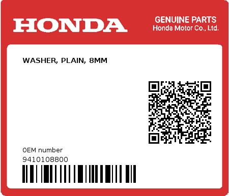 Product image: Honda - 9410108800 - WASHER, PLAIN, 8MM  0