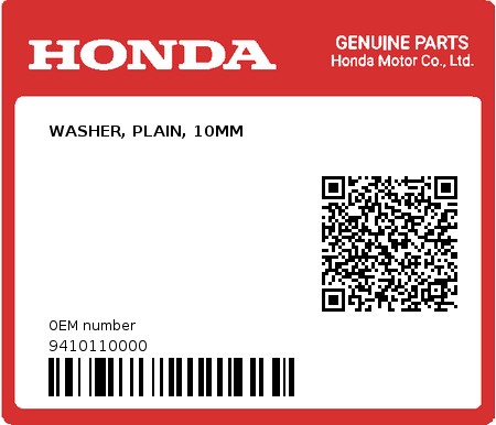 Product image: Honda - 9410110000 - WASHER, PLAIN, 10MM  0