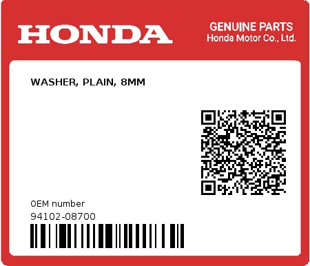 Product image: Honda - 94102-08700 - WASHER, PLAIN, 8MM  0