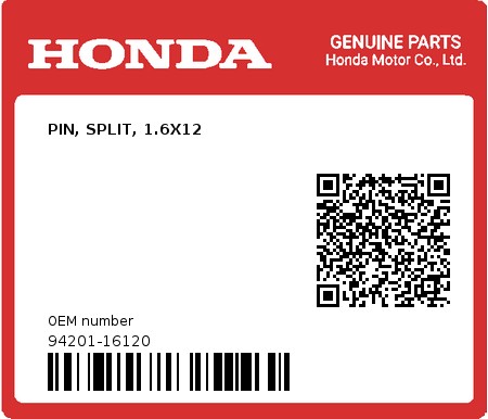 Product image: Honda - 94201-16120 - PIN, SPLIT, 1.6X12  0