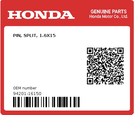 Product image: Honda - 94201-16150 - PIN, SPLIT, 1.6X15  0