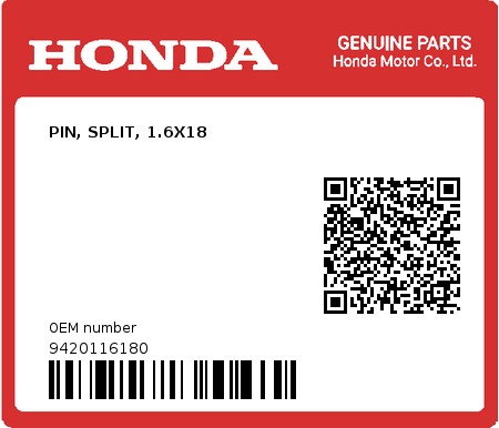 Product image: Honda - 9420116180 - PIN, SPLIT, 1.6X18  0