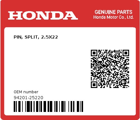 Product image: Honda - 94201-25220 - PIN, SPLIT, 2.5X22  0