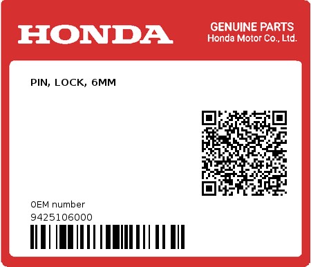 Product image: Honda - 9425106000 - PIN, LOCK, 6MM  0