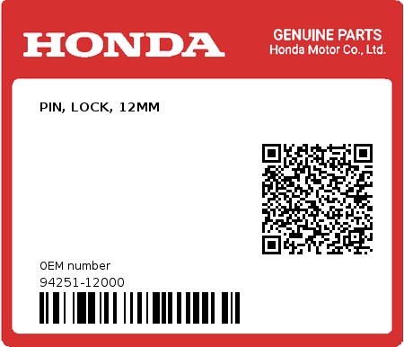 Product image: Honda - 94251-12000 - PIN, LOCK, 12MM  0
