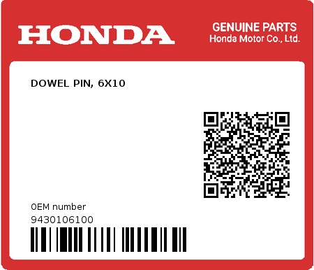 Product image: Honda - 9430106100 - DOWEL PIN, 6X10  0