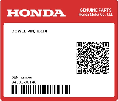 Product image: Honda - 94301-08140 - DOWEL PIN, 8X14  0