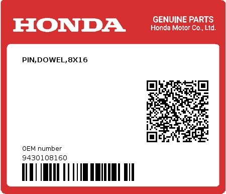 Product image: Honda - 9430108160 - PIN,DOWEL,8X16  0