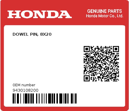 Product image: Honda - 9430108200 - DOWEL PIN, 8X20  0