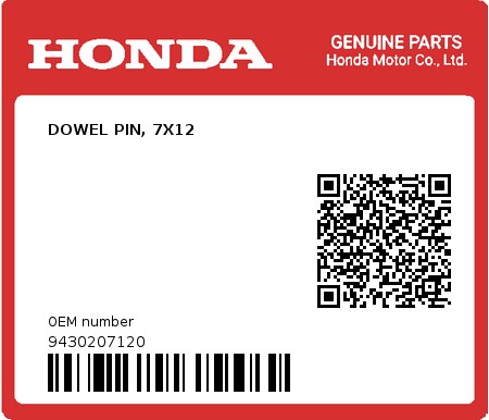 Product image: Honda - 9430207120 - DOWEL PIN, 7X12  0