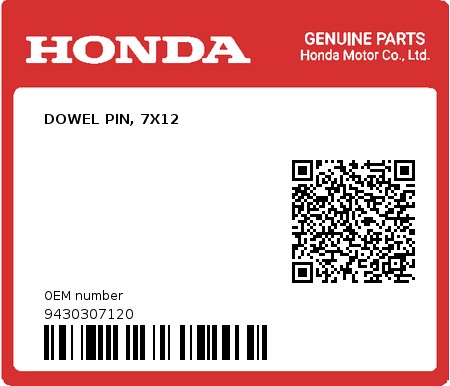 Product image: Honda - 9430307120 - DOWEL PIN, 7X12  0