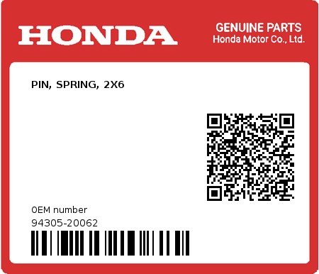Product image: Honda - 94305-20062 - PIN, SPRING, 2X6  0