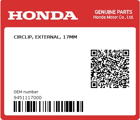 Product image: Honda - 9451117000 - CIRCLIP, EXTERNAL, 17MM  0