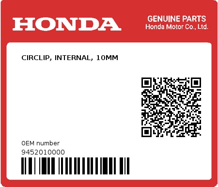 Product image: Honda - 9452010000 - CIRCLIP, INTERNAL, 10MM  0