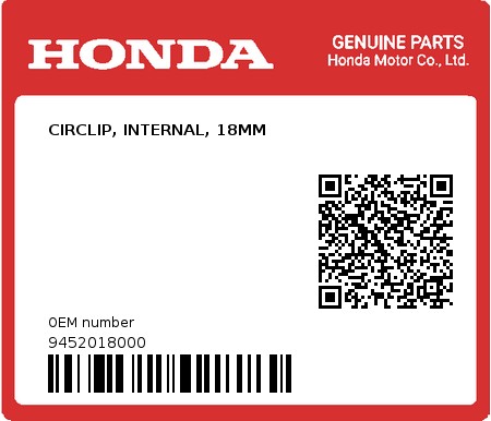 Product image: Honda - 9452018000 - CIRCLIP, INTERNAL, 18MM  0