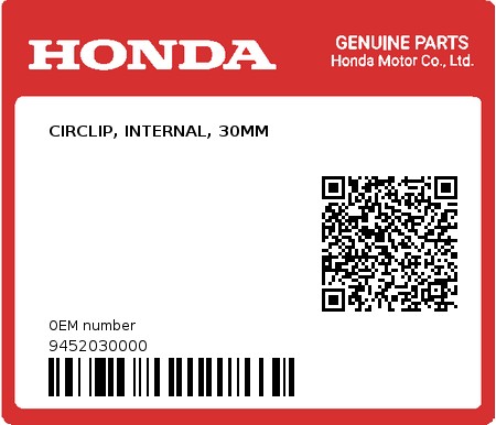 Product image: Honda - 9452030000 - CIRCLIP, INTERNAL, 30MM  0