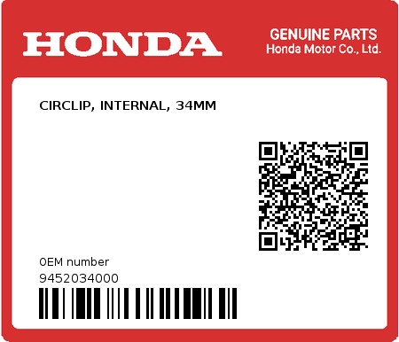 Product image: Honda - 9452034000 - CIRCLIP, INTERNAL, 34MM  0