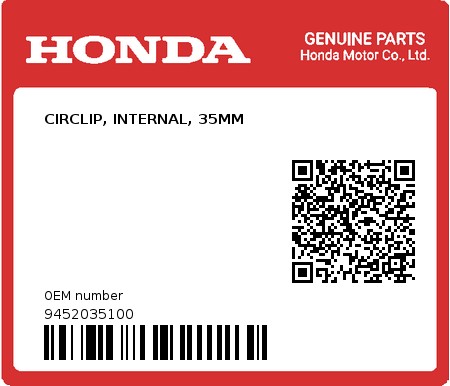 Product image: Honda - 9452035100 - CIRCLIP, INTERNAL, 35MM  0