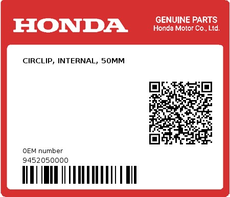 Product image: Honda - 9452050000 - CIRCLIP, INTERNAL, 50MM  0