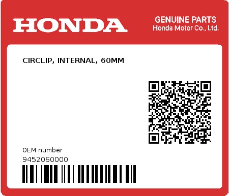 Product image: Honda - 9452060000 - CIRCLIP, INTERNAL, 60MM  0