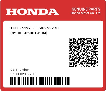 Product image: Honda - 950030502731 - TUBE, VINYL, 3.5X6.5X270 (95003-05001-60M)  0