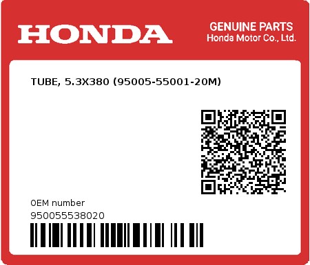 Product image: Honda - 950055538020 - TUBE, 5.3X380 (95005-55001-20M)  0