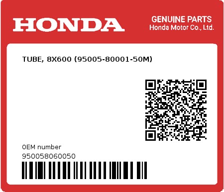 Product image: Honda - 950058060050 - TUBE, 8X600 (95005-80001-50M)  0