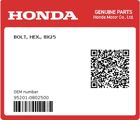 Product image: Honda - 95201-0802500 - BOLT, HEX., 8X25  0