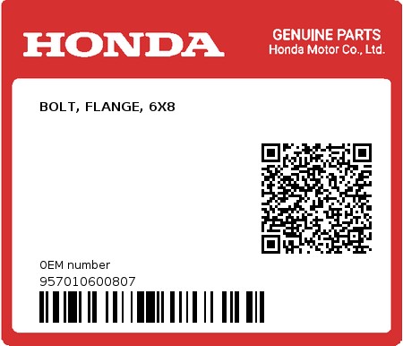 Product image: Honda - 957010600807 - BOLT, FLANGE, 6X8  0