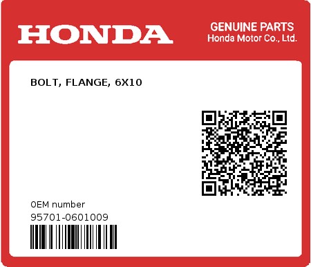 Product image: Honda - 95701-0601009 - BOLT, FLANGE, 6X10  0