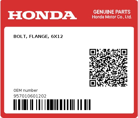 Product image: Honda - 957010601202 - BOLT, FLANGE, 6X12  0