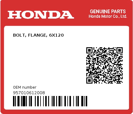 Product image: Honda - 957010612008 - BOLT, FLANGE, 6X120  0