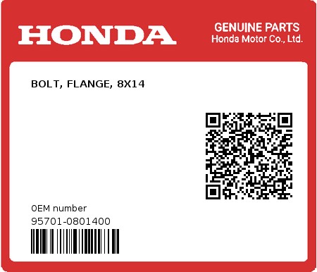 Product image: Honda - 95701-0801400 - BOLT, FLANGE, 8X14  0