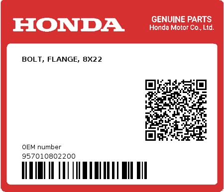 Product image: Honda - 957010802200 - BOLT, FLANGE, 8X22  0