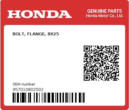 Product image: Honda - 957010802502 - BOLT, FLANGE, 8X25  0
