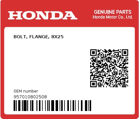 Product image: Honda - 957010802508 - BOLT, FLANGE, 8X25  0